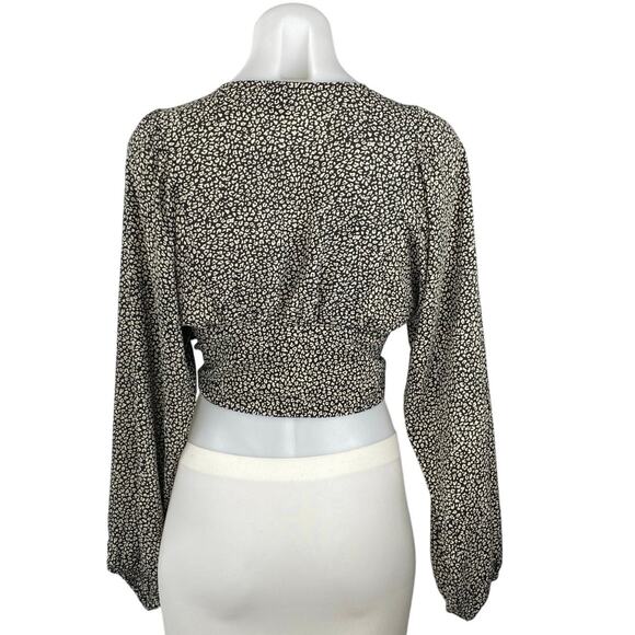 Princess Polly Black Leopard Print Long Sleeve Tie Front Crop Blouse Top Size 4 - Picture 3 of 5